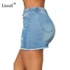 Liooil Blue Denim High Waist Hole Mini Skirt With Pocket Women Clothes Streetwear Wash Distressed Drawstring Sexy Bodycon Skirts 210619