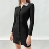 Single-Breasted Zebra Striped Turn-Down Collar Black Woman Dress Autumn Ribbed Long Sleeve Bodycon Sexy Mini Party Dressss 210510