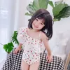 Korean Style Summer Teenagers Girls Swimwear 1-Pcs Sets Floral Ruffles Shoulderless Swimsuit Children Clothes E1028 210610