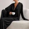 Hiloc Oversized Satin Silk Sleepwear Low Cut Sexy Pajamas For Women Single-Breasted Long Sleeves Wide Leg Pants Trouser Suits 211211