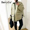 Berrygo Kış Yeşil Kısa Parka Kadınlar Casual Uzun Kollu Yakasız Mont Kadın Kalın Cep Sıcak Ceket Kadın Tops 211130