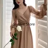 Sonbahar Fransız Zarif Parti Dres Uzun Kollu Rahat Peri Midi Elbise Akşam Vintage Elbise Kore Moda 220311