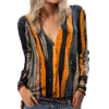 Autumn T-Shirt Women Fashion V-Neck Zipper Tie Dye Stripe Print Loose Casual Long Sleeve Ladies TShirt Female Plus Size 5XL Tops 210526