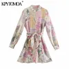 KPYTOMOA Women Chic Fashion With Belt Floral Print Linen Mini Dress Vintage O Neck Long Sleeve Female Dresses Vestidos 210806