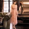 Mesh Long Dress for Women Full Sleeve Pink Lace Embroidery Fit and Flare Mid-Calf Party Elegant Summer 210603