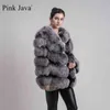 Розовый Java 8066 Высокое качество Женщины Real Fur Part Wihter Теплый Толстая Куртка Подлинные Короткие Длинные Рукава 211206