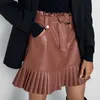 Ruffle high waist skirt mini sexy short s black Sash elegant leather women faux with pockets 210619