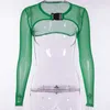 Artsu Mesh Koszule Z Długim Rękawem Crop Top Neon Zielony Czarny Przezroczysty Seksowna Klamra Top Koszulka Femme Koszulki Kobiety ASTS20768 T200525