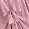 Frau Langes Hemdkleid Frauen Elegante rosa Knotenkleider Damen Saum Seitenschlitze Knopfleiste Ärmel 210519