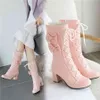 2021 Höst Fashion Princess Lolita Bröllop Female Party Women Shoes Cross Tied Bow Designers High Heels Boots Skor för kvinnor