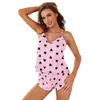 Kvinnors Sleepwear Sexig Satin Pajama Set V-Neck Heart Print Pyjamas Ärmlös Gullig Cami Top och Shorts 210809