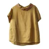 FJE Yaz Kadın Gömlek Artı Boyutu Gevşek Rahat Kısa Kollu Peter Pan Yaka Patchwork Keten Vintage Kadın Bluz Büyük D6 210317 Tops