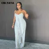 CM.YAYA Women Sets Solid Sleeveless Spaghetti Strap Back Hollow Out X-long Tops Loose Floor-length Pants 2 Piece Set Summer 2021 Y0625