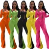 Neon Color Stretch Dopasowanie Zestawy Damskie Dres Dressuit Zipper Up Split Flare Z Długim Rękawem Top Bell Bottom Spodnie 2-częściowe stroje klubowe