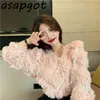 Asapgot Fashion Chic Korea Plysch V-Neck Tassel Tröjor Coat Höst Vinter Tjock Vild Rosa Långärmad Cardigan Top Sweet 210914