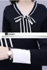 Höst två stycken Set Kvinnor Elegant Bow Tie Knit Pullover Tröja Topp + Stripe Pläterad Midi Skirt Suit 210518