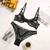 Aduloty 2021 Hot Nieuwe Sexy Polka Dot Lace Mesh Dunne Sectie Doorzichtig Sling Sling Erotische Lingerie Underwire Verzamel Bra en Panty Set X0526