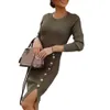 Elegant Office Ladies Knitted Dress Solid Color Side Split Autumn Round Neck Buttons Sexy Dress for Women Casual Slim Dresses Y1006