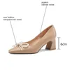 ALLBISEFOサイズ33-43弓デザイン厚いヒール本物の本物のレザーハイヒールの靴ファッションカジュアル女性ヒールオフィスワークシューズ210611