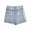 Women Tweed Plaid Culottes Skirt Short Double Breasted High Waist Elegant Ladies Checked Blue Mini Pants 210521