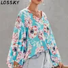 Kobiety Jesień Spadek Luźna Bluzka Koszula Kwiatowy Liść Drukuj V Neck Puff Długim Rękawem Casual Baggy Bluzki Plus Size Topy 210507