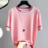 Verão Casual Slim O-Neck Knitwear Tops 2021 Novo Estilo Coreano Tee Feminino Moda Stripe Manga Curta T-shirt das Mulheres Y0621