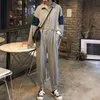 회색 블랙 모션 캐주얼 jumpsuit 전체 길이 긴 소매 버튼 포켓 Drawstring 레이스 업 J0069 210514