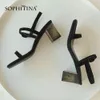 Sophitina mode kvinnor sandaler smal band spänne band hög kvalitet barn mocka 6,5 ​​cm kvadratklack skor charmiga sandaler so423 210513