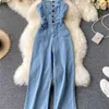 Zomer vrouwen retro effen kleur casual denim overalls sexy buis bretels blauwe jumpsuit vrouwelijke qv25205 210427