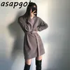Khaki Loose Solid Turtleneck Knitted Dress Mini Fashion Casual Lace Up Waist Temperament Grey Pullovers Sweater Belt 210429