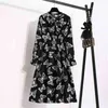 Nijiuding dames s chiffon jurk vrouwelijke vintage bloemen bedrukte lange mouw bow midi jurken lente herfst flare mouw vestidos 210322