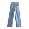 Wome Fashion Wide-Ben Ripped Jeans Kvinna Chic High-Waisted Pockts Knapp Zip Fly Full Length Pants Lady Trousers 210520