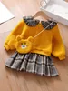 Toddler Girls Plaid Panel Peter-pan Collar Teddy Dress With Bag SHE