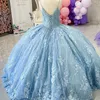 Robe Quinceanera bleu clair, haut perlé, en dentelle florale, robe de bal, bretelles Spaghetti, douce 15 16, avec fleur 3D, 2022, 326 326