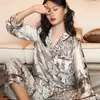 Maison Gabrielle Флористический напечатанный сатин Pajamas набор женщин Loungewear 2 ШТ. Длинный рукав, растягивающиеся свободные роскоши ночные одежды ночные одежды 211112