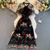 Neploe Schwere Arbeit Blumenstickerei Dünnes Kleid Frauen O Hals Kurzarm Pullover Vestidos Hohe Taille Hüfte Eine Linie Lange Robe 210423