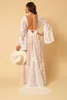 Bohemian A Line Abiti da sposa in pizzo pieno Abiti da sposa Scollo a V profondo Sweep Train Backless Manica lunga Stile country Boho Vestidos De Novia