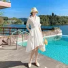 Летние белые офисные дамы женские платье с коротким рукавом воротник асимметричные стильные платья элегантные Vestidos 210513