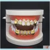 Grillz Dental Grills Body Jewelry Jewelry Hip Hop Custom Fit Grill Four Hollow Open Open Face Gold Gold Grillz Caps Bottle مع Sile Vamp