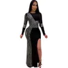 Sexy Rhinestone Black Party Dresses Round Neck Hem Slit Split Long Sleeve Dress Nightclub Wear for Women