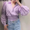 襟の甘いブラウスの女性のファッション紫色の格子縞プリントトップスエレガントな長袖ティー女性レディース210520