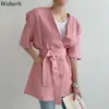 Summer Korean Fashion Women Jacket Short Sleeve V-neck Bandage Tops Pink Coat Casual Solid Ladies Outwear 210519