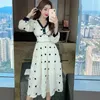 Eleganckie Dres Midi Francuski Vintage Party Kobieta Jesień V-Neck Długim Rękawem Dot Casual Koreański Office Lady 210604