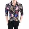 럭셔리 프린트 남성 셔츠 캐주얼 슬림 피트 스트리트웨어 소셜 셔츠 짧은 소매 브랜드 나이트 클럽 파티 턱시도 Blusa Chemise Homme 210527