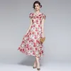 Chic Design Elegant Rose Flower Printted Women Summer Sexy Dew Shouder Slash Neck Ruffles A-Line Long Dresses 210514