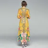 Outono moda floral impressão mulheres vintage maxi vestido de pista de manga longa cinto 210531