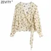 Zevity Frauen Elegante Kreuz V-ausschnitt Blumendruck Chiffon Smock Bluse Weibliche Saum Schleife Gebunden Kimono Shirt Chic Blusas Tops LS9191 210603