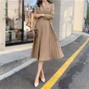 Vintage Winter Solid Women A-Line Dress Casual coreano scollo a V vita alta abiti a metà polpaccio eleganti telai manica lunga abito impero X0521