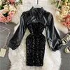 Sexy femmes PU cuir châle robe à manches longues Slip moulante noir robes de soirée femme Chic mode Vestidos 210601