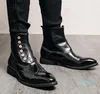 Moda homens tornozelo botas de couro genuíno zip fivela dupla fivelas vestido sapatos brogue marrom preto mens boot